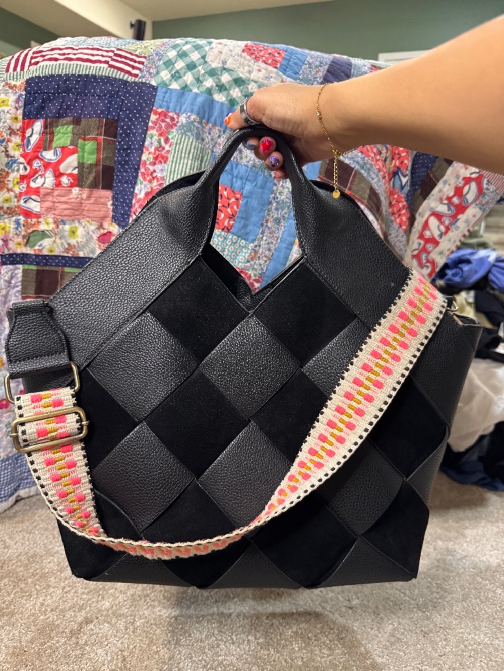 black leather and suede woven bag